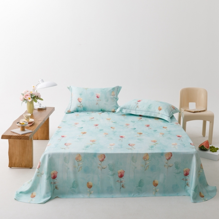 91家纺网 家纺一手货源 找家纺 榻尚 2023新款竹纤维印花夏凉席三件套 玫瑰蓝