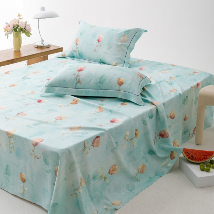 91家纺网 家纺一手货源 找家纺 榻尚 2023新款竹纤维印花夏凉席三件套 玫瑰蓝