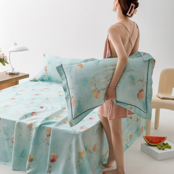 91家纺网 家纺一手货源 找家纺 榻尚 2023新款竹纤维印花夏凉席三件套 玫瑰蓝