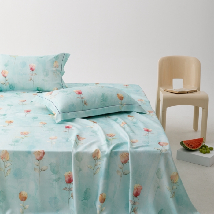 91家纺网 家纺一手货源 找家纺 榻尚 2023新款竹纤维印花夏凉席三件套 玫瑰蓝