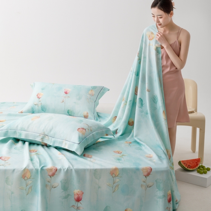 91家纺网 家纺一手货源 找家纺 榻尚 2023新款竹纤维印花夏凉席三件套 玫瑰蓝