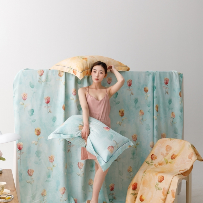 91家纺网 家纺一手货源 找家纺 榻尚 2023新款竹纤维印花夏凉席三件套 玫瑰蓝