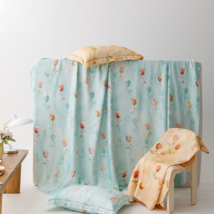 91家纺网 家纺一手货源 找家纺 榻尚 2023新款竹纤维印花夏凉席三件套 玫瑰蓝