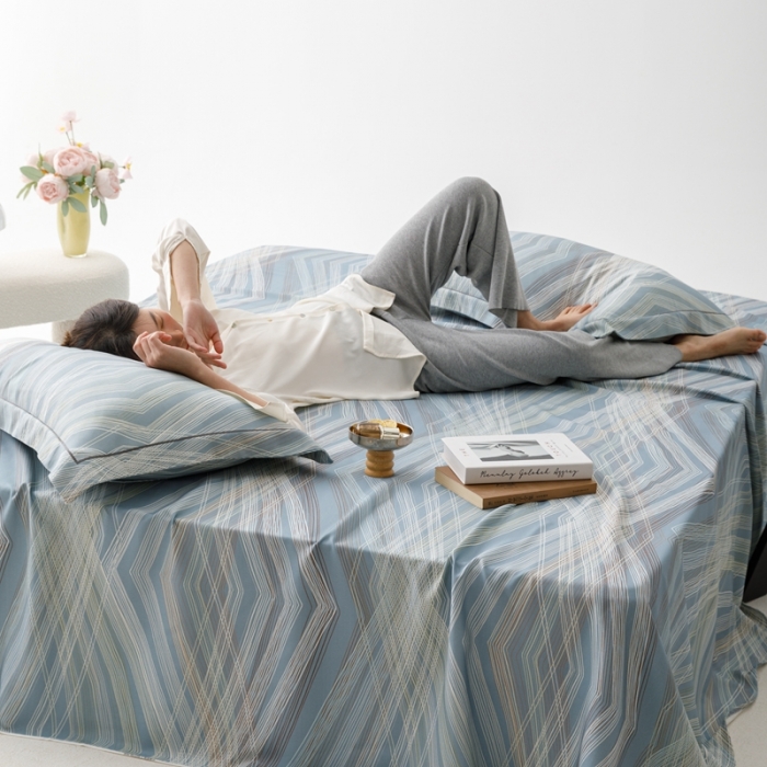 91家纺网 家纺一手货源 找家纺 榻尚 2024新款竹纤维印花夏凉席三件套 男友蓝