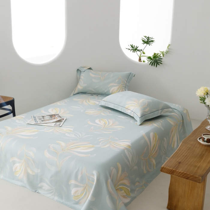 91家纺网 家纺一手货源 找家纺 榻尚 2024新款竹纤维印花夏凉席三件套 飘叶 兰