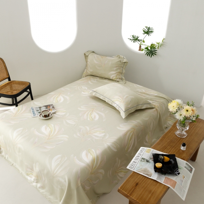 91家纺网 家纺一手货源 找家纺 榻尚 2024新款竹纤维印花夏凉席三件套 飘叶 杏色