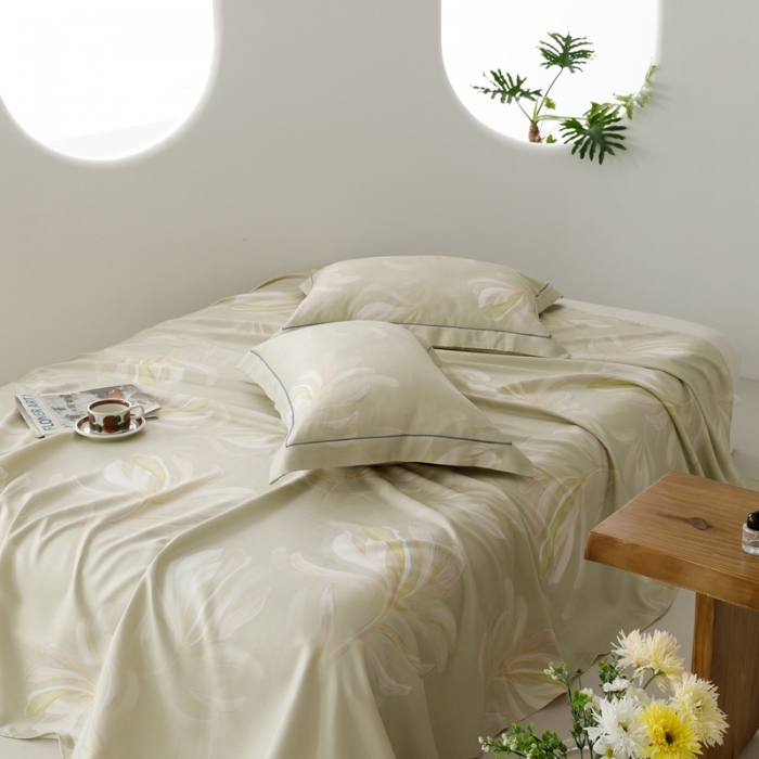 91家纺网 家纺一手货源 找家纺 榻尚 2024新款竹纤维印花夏凉席三件套 飘叶 杏色