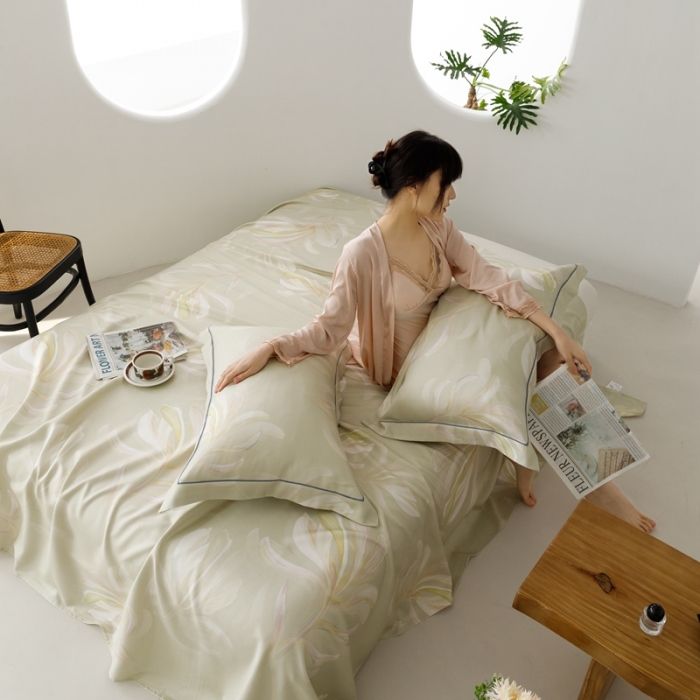 91家纺网 家纺一手货源 找家纺 榻尚 2024新款竹纤维印花夏凉席三件套 飘叶 杏色