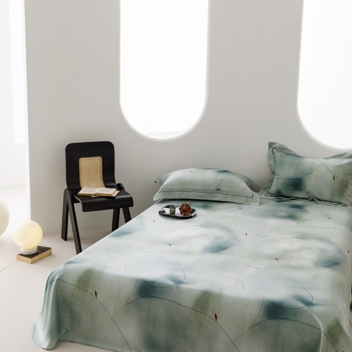 91家纺网 家纺一手货源 找家纺 榻尚 2024新款竹纤维印花夏凉席三件套 水墨风采 绿