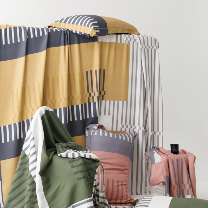 91家纺网 家纺一手货源 找家纺 榻尚 2024新款竹纤维印花夏凉席三件套 元素咖