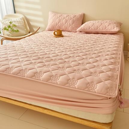 91家纺网 家纺一手货源 找家纺 给笠 直播供货爆款2024新款纯色原棉玉米纤维夹棉床笠 花朵-淡粉