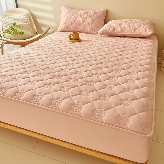 91家纺网 家纺一手货源 找家纺 给笠 直播供货爆款2024新款纯色原棉玉米纤维夹棉床笠 花朵-淡粉