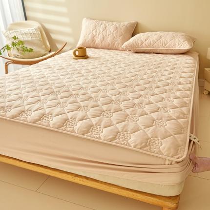 91家纺网 家纺一手货源 找家纺 给笠 直播供货爆款2024新款纯色原棉玉米纤维夹棉床笠 花朵-卡其