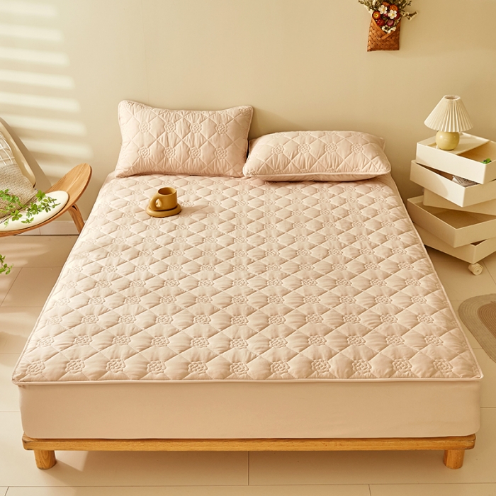 91家纺网 家纺一手货源 找家纺 给笠 直播供货爆款2024新款纯色原棉玉米纤维夹棉床笠 花朵-卡其