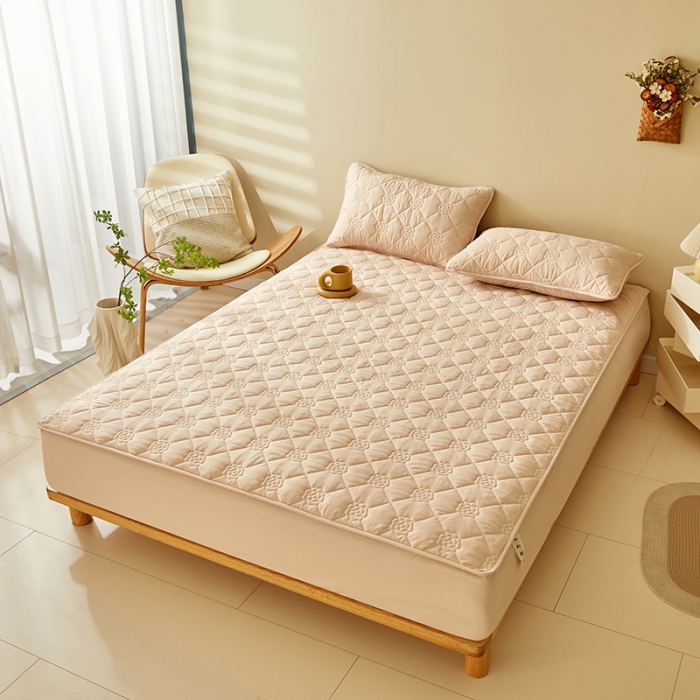 91家纺网 家纺一手货源 找家纺 给笠 直播供货爆款2024新款纯色原棉玉米纤维夹棉床笠 花朵-卡其