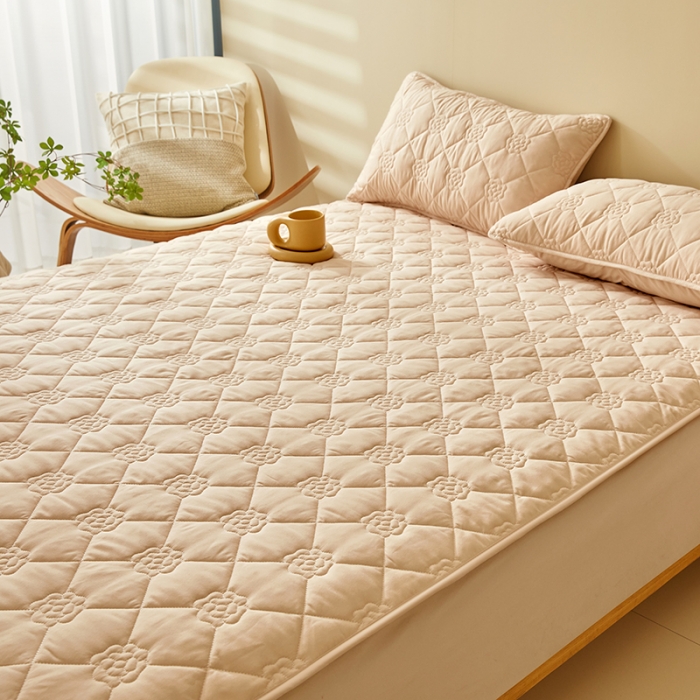 91家纺网 家纺一手货源 找家纺 给笠 直播供货爆款2024新款纯色原棉玉米纤维夹棉床笠 花朵-卡其