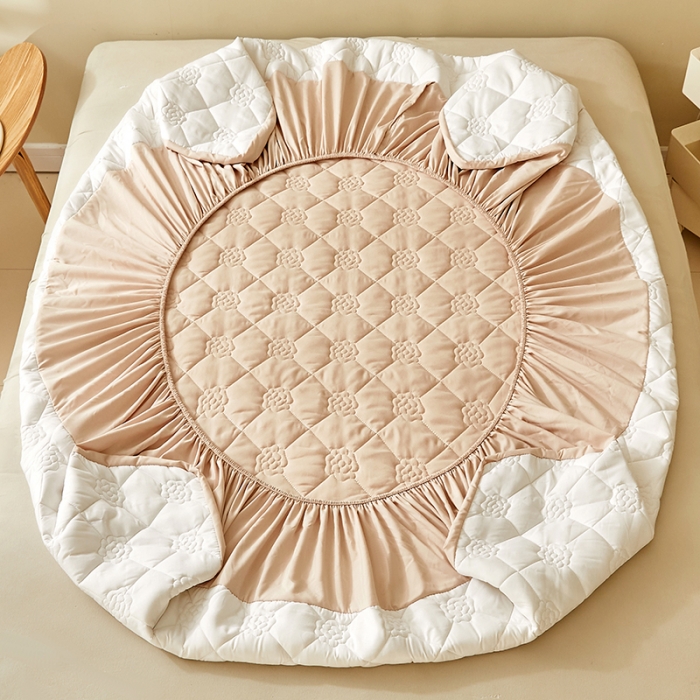 91家纺网 家纺一手货源 找家纺 给笠 直播供货爆款2024新款纯色原棉玉米纤维夹棉床笠 花朵-卡其