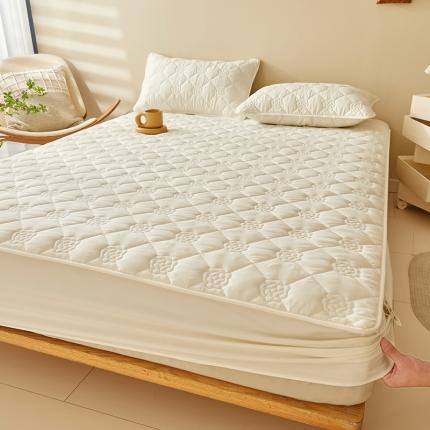 91家纺网 家纺一手货源 找家纺 给笠 直播供货爆款2024新款纯色原棉玉米纤维夹棉床笠 花朵-米白