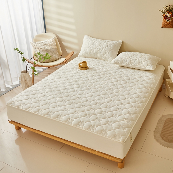 91家纺网 家纺一手货源 找家纺 给笠 直播供货爆款2024新款纯色原棉玉米纤维夹棉床笠 花朵-米白