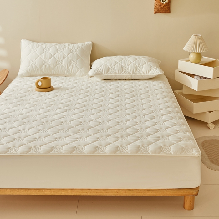 91家纺网 家纺一手货源 找家纺 给笠 直播供货爆款2024新款纯色原棉玉米纤维夹棉床笠 花朵-米白