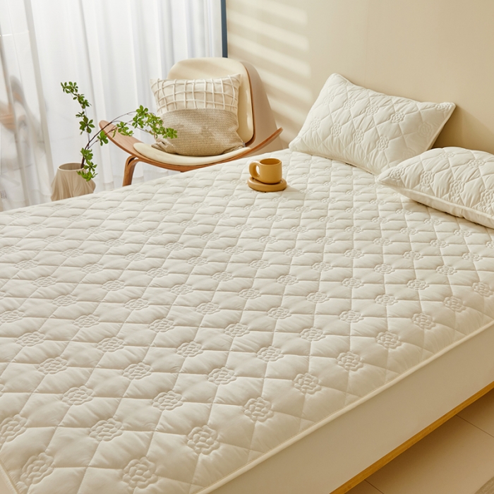 91家纺网 家纺一手货源 找家纺 给笠 直播供货爆款2024新款纯色原棉玉米纤维夹棉床笠 花朵-米白