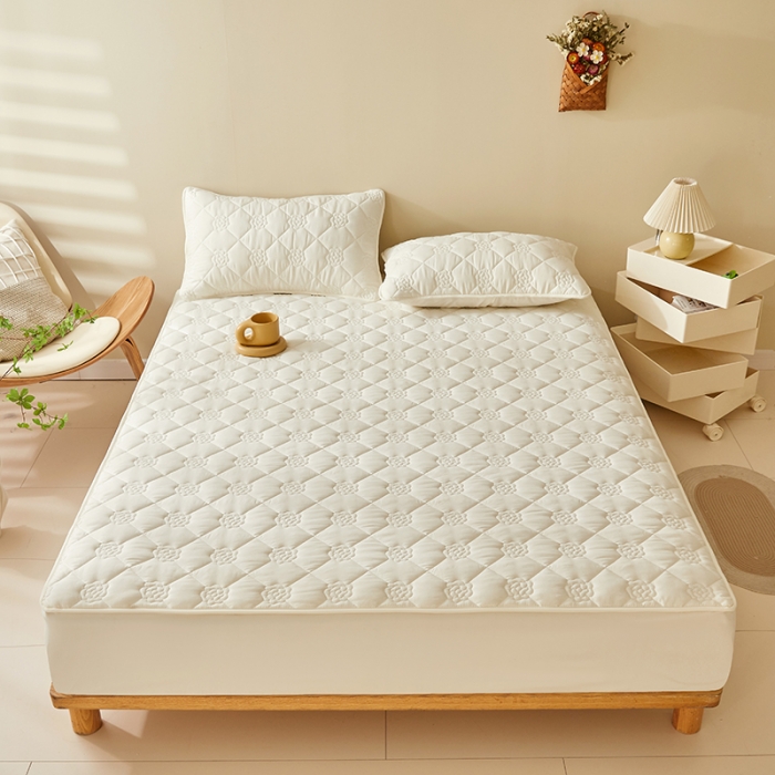 91家纺网 家纺一手货源 找家纺 给笠 直播供货爆款2024新款纯色原棉玉米纤维夹棉床笠 花朵-米白