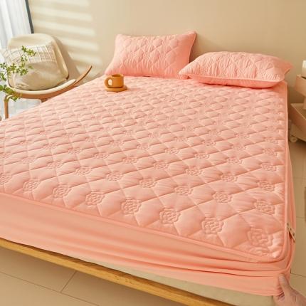 91家纺网 家纺一手货源 找家纺 给笠 直播供货爆款2024新款纯色原棉玉米纤维夹棉床笠 花朵-嫩粉