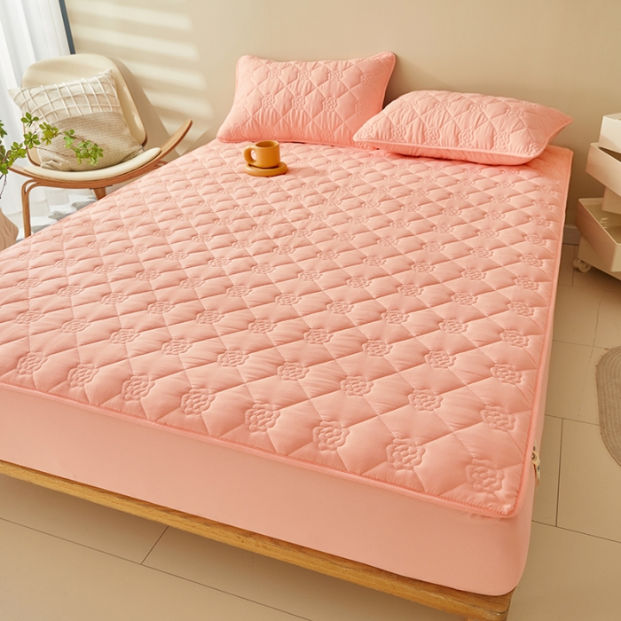 91家纺网 家纺一手货源 找家纺 给笠 直播供货爆款2024新款纯色原棉玉米纤维夹棉床笠 花朵-嫩粉