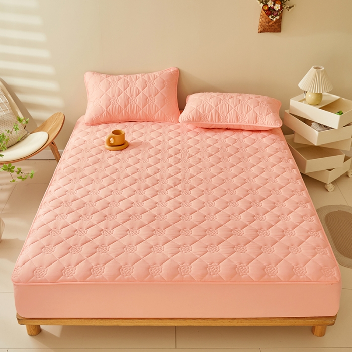 91家纺网 家纺一手货源 找家纺 给笠 直播供货爆款2024新款纯色原棉玉米纤维夹棉床笠 花朵-嫩粉