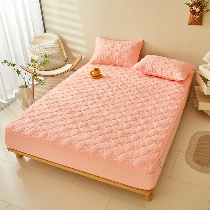 91家纺网 家纺一手货源 找家纺 给笠 直播供货爆款2024新款纯色原棉玉米纤维夹棉床笠 花朵-嫩粉