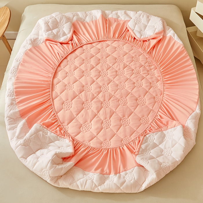 91家纺网 家纺一手货源 找家纺 给笠 直播供货爆款2024新款纯色原棉玉米纤维夹棉床笠 花朵-嫩粉