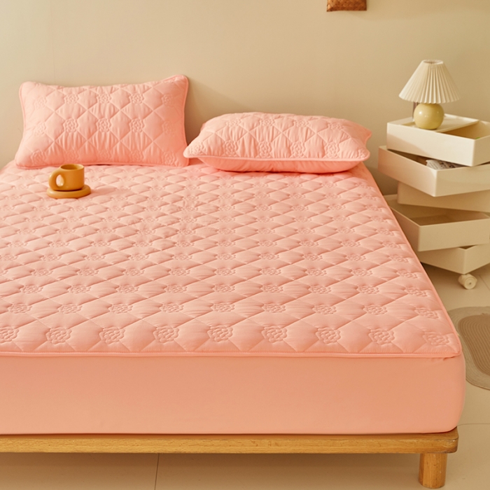 91家纺网 家纺一手货源 找家纺 给笠 直播供货爆款2024新款纯色原棉玉米纤维夹棉床笠 花朵-嫩粉