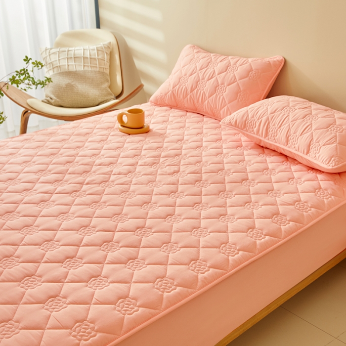 91家纺网 家纺一手货源 找家纺 给笠 直播供货爆款2024新款纯色原棉玉米纤维夹棉床笠 花朵-嫩粉