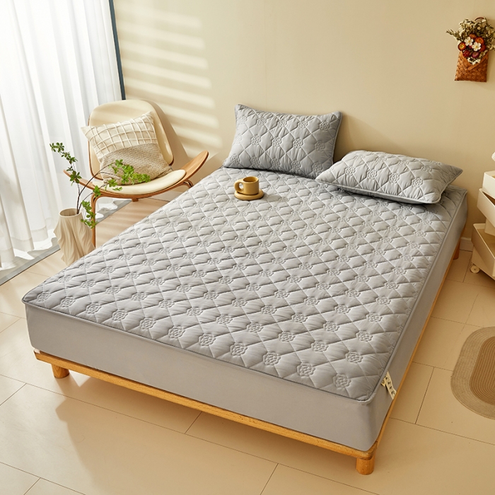 91家纺网 家纺一手货源 找家纺 给笠 直播供货爆款2024新款纯色原棉玉米纤维夹棉床笠 花朵-星灰