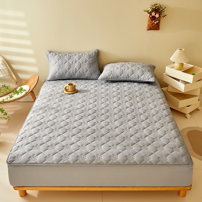 91家纺网 家纺一手货源 找家纺 给笠 直播供货爆款2024新款纯色原棉玉米纤维夹棉床笠 花朵-星灰