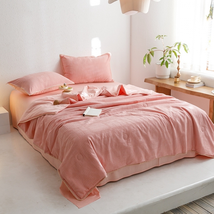 91家纺网 家纺一手货源 找家纺 沐棉家居 2024新款全棉华夫格单品夏被 华夫格-粉