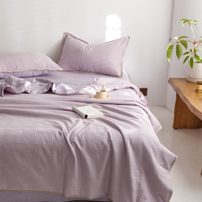 91家纺网 家纺一手货源 找家纺 沐棉家居 2024新款全棉华夫格单品夏被 华夫格-紫