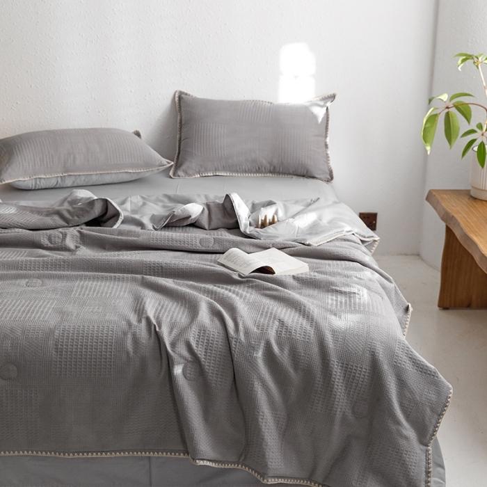 91家纺网 家纺一手货源 找家纺 沐棉家居 2023新款全棉华夫格夏被四件套 华夫格-灰