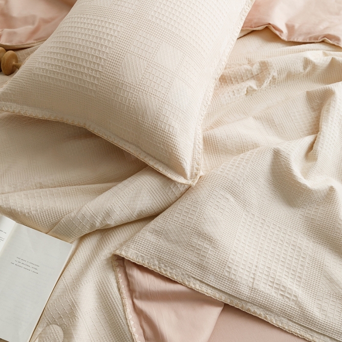 91家纺网 家纺一手货源 找家纺 沐棉家居 2023新款全棉华夫格夏被四件套 华夫格-卡其