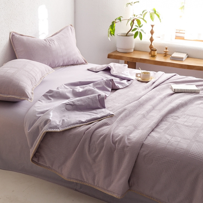 91家纺网 家纺一手货源 找家纺 沐棉家居 2023新款全棉华夫格夏被四件套 华夫格-紫