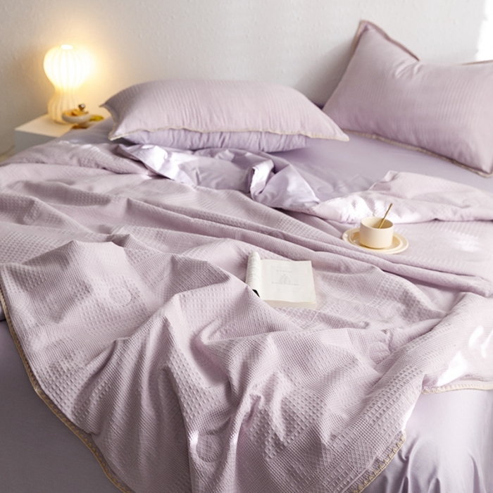 91家纺网 家纺一手货源 找家纺 沐棉家居 2023新款全棉华夫格夏被四件套 华夫格-紫