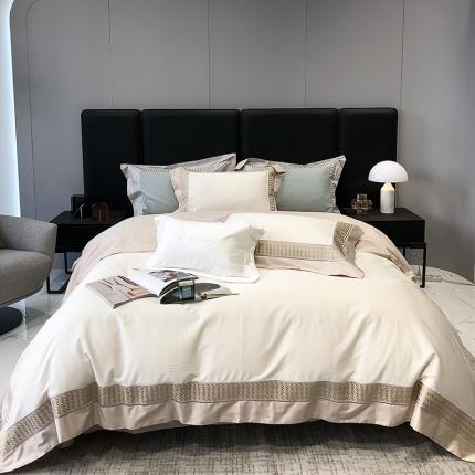 91家纺网 家纺一手货源 找家纺 太古汇 2023新款A类长绒棉刺绣千鸟格四件套-格伦格系列 长绒棉格伦格-白色