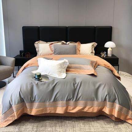 91家纺网 家纺一手货源 找家纺 太古汇 2023新款A类长绒棉刺绣千鸟格四件套-格伦格系列 长绒棉格伦格-灰色