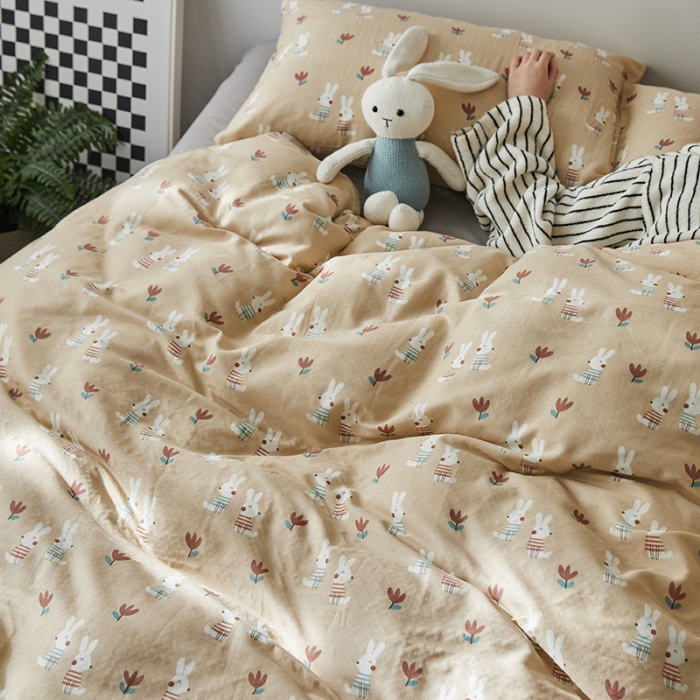 91家纺网 家纺一手货源 找家纺 荣轩家居 2023新款A类全棉双层纱印花四件套 小兔啾咪