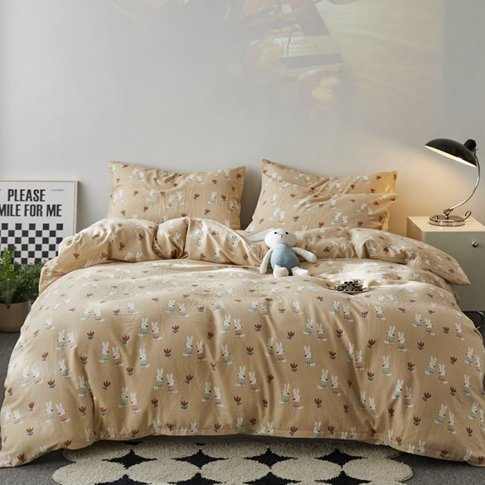 91家纺网 家纺一手货源 找家纺 荣轩家居 2023新款A类全棉双层纱印花四件套 小兔啾咪