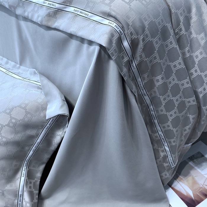 91家纺网 家纺一手货源 找家纺 优悦2023新款提花冰丝系列四件套 马俐亚-灰