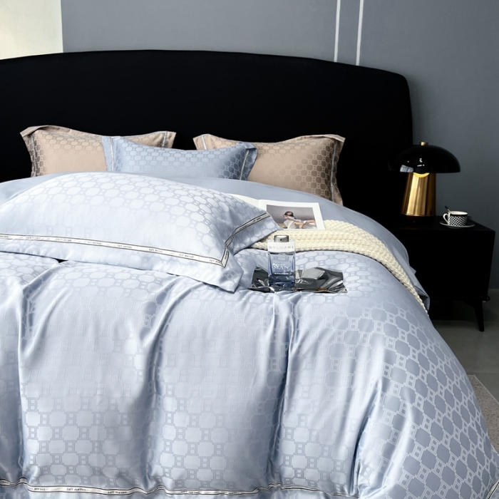 91家纺网 家纺一手货源 找家纺 优悦2023新款提花冰丝系列四件套 马俐亚-浅蓝