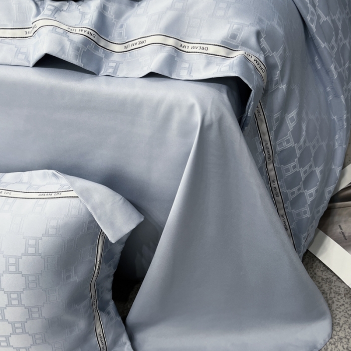 91家纺网 家纺一手货源 找家纺 优悦2023新款提花冰丝系列四件套 马俐亚-浅蓝