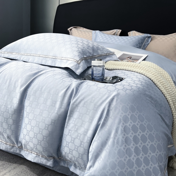 91家纺网 家纺一手货源 找家纺 优悦2023新款提花冰丝系列四件套 马俐亚-浅蓝