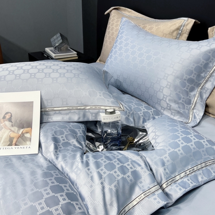 91家纺网 家纺一手货源 找家纺 优悦2023新款提花冰丝系列四件套 马俐亚-浅蓝